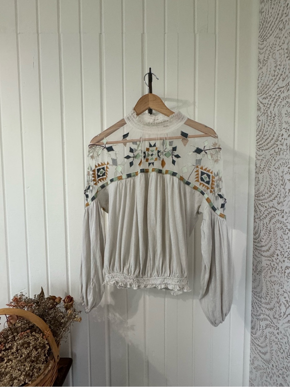 Free People Monday Morning Embroidered Cotton Linen Top Ivory L